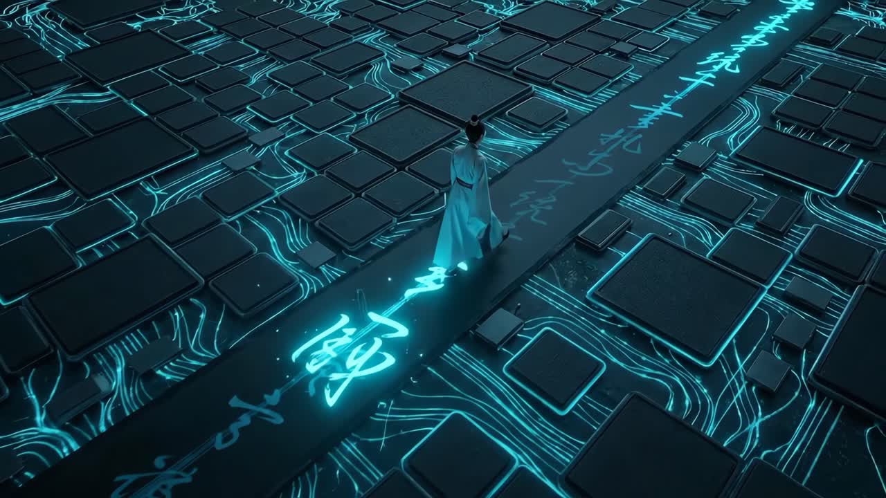 Animated Figure Walking on a Glowing Digital Path