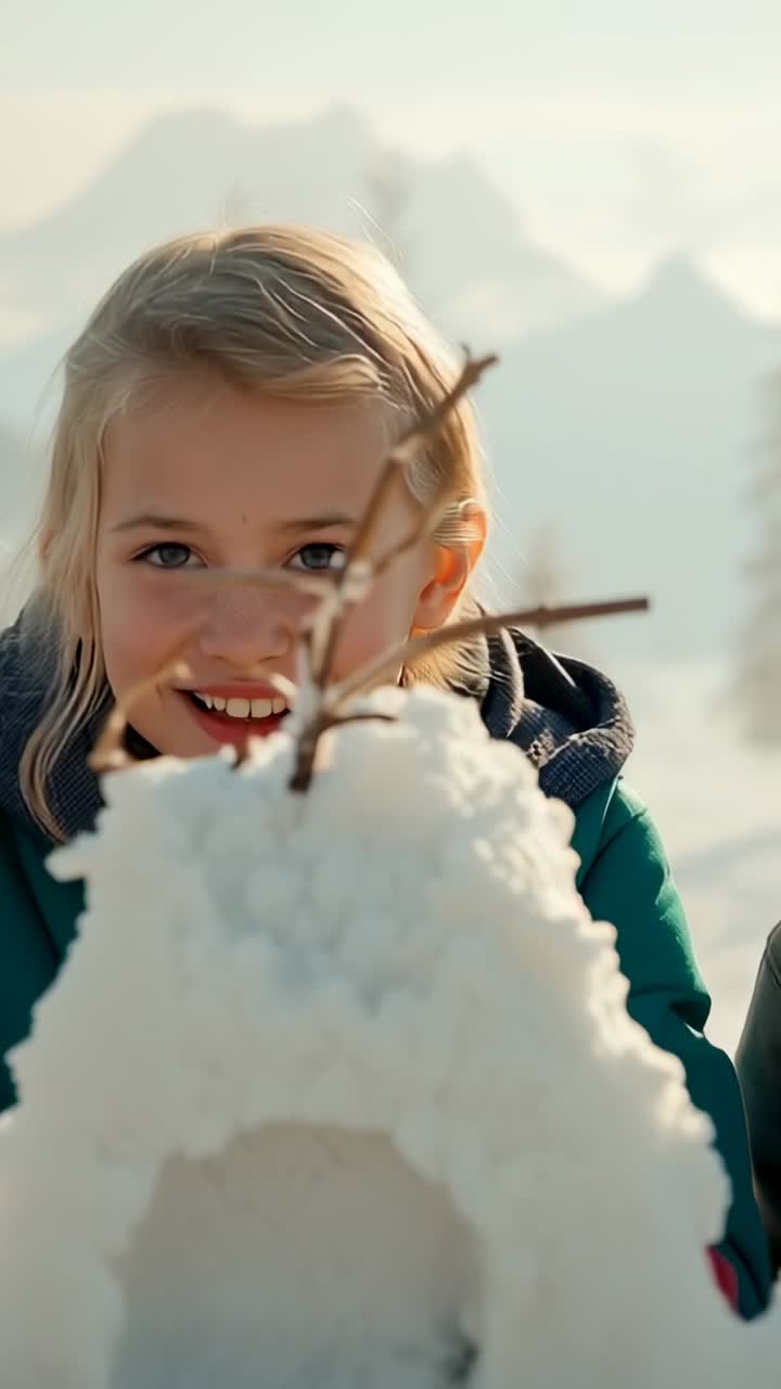Vertical video: Finishing snow castle, girl in green coat inspecting archway on snowy plateau