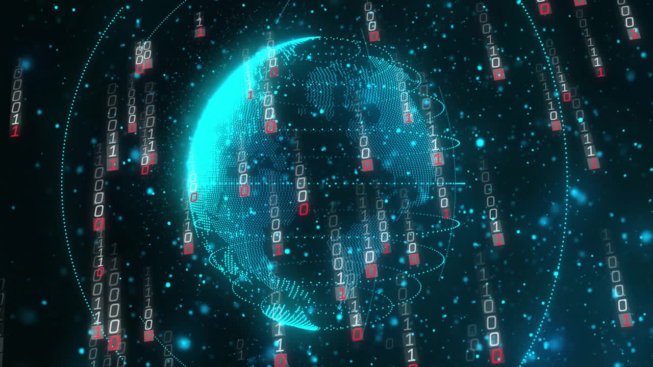 código binario y globo digital, animación de transmisión de datos