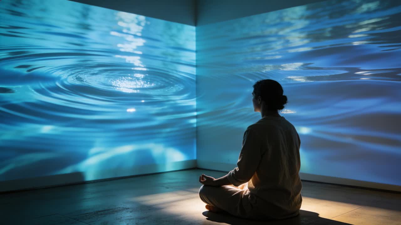 Video verticale: Proiezione d'acqua che inizia, donna con top chiaro seduta in meditazione in un angolo, spazio per il testo
