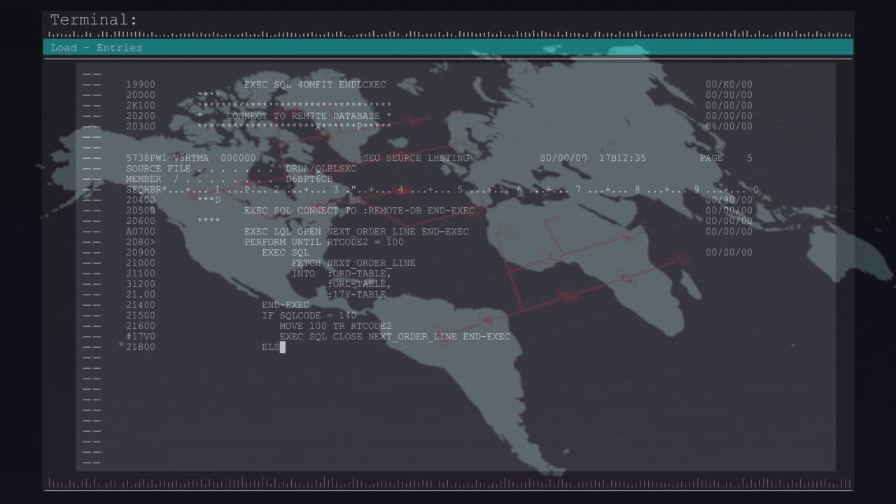 검은 바탕에 컴퓨터 언어와 지도의 애니메이션