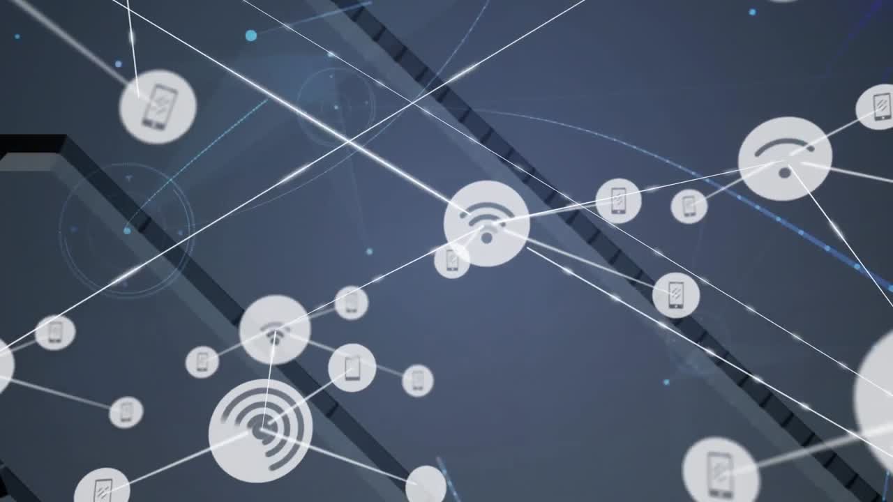 animación de datos y red de conexiones con iconos sobre fondo oscuro