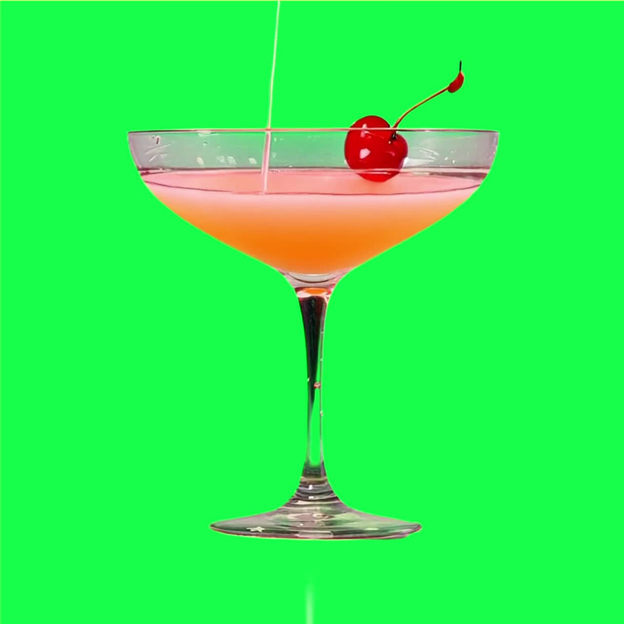 Elegant cocktail with cherry garnish animation, transparent 4K video, green screen