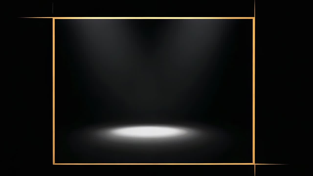In alto a sinistra, contorno dorato in espansione che incornicia un riflettore sul palco, evidenziando il vuoto