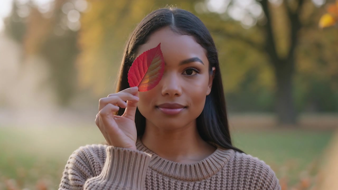 Holding red leaf near right eye, woman raising and rotating it, posing in park, beige sweater
