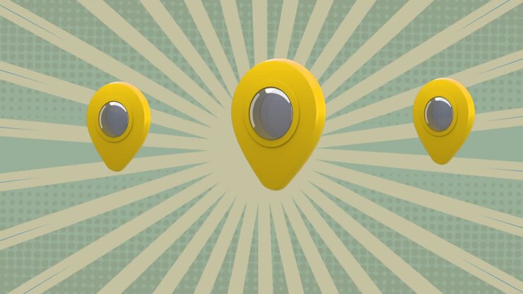 Animation of three yellow location pin icons over stripes pattern background