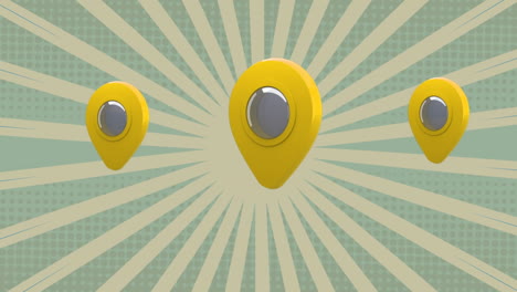 animación de tres iconos de pin de ubicación amarillos sobre el fondo de patrón de rayas