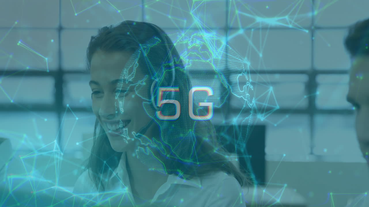 5G network animation over smiling woman working in modern office