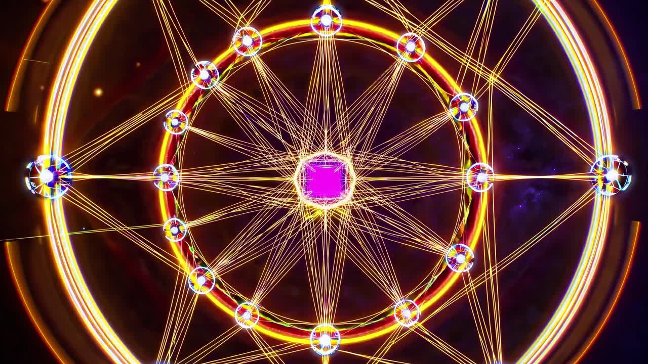 Geometric patterns morphing dynamically, revealing symmetrical transformations with vibrant colors against dark cosmic backdrop, generating immersive visual meditation experience