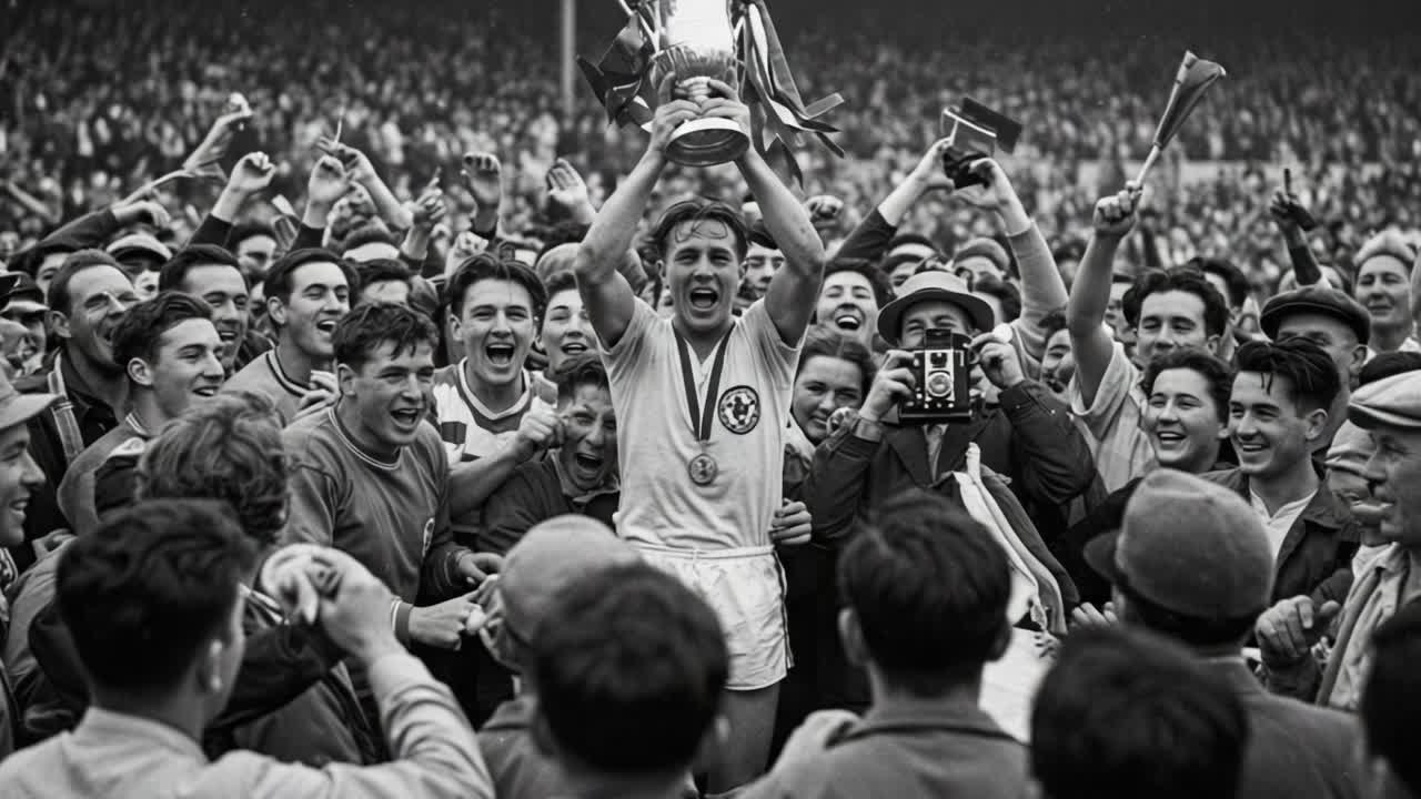 Victorious Team Celebrates in Historic Moment Holding the Trophy High Amidst Elated Fans, Capturing the Essence of Triumph and Unity in Sports History