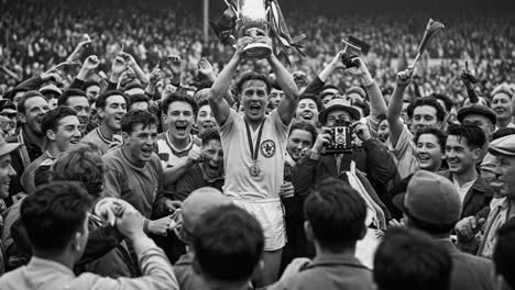 victorious team celebrates in historic moment holding the trophy high amidst elated fans, capturing the essence of triumph and unity in sports history