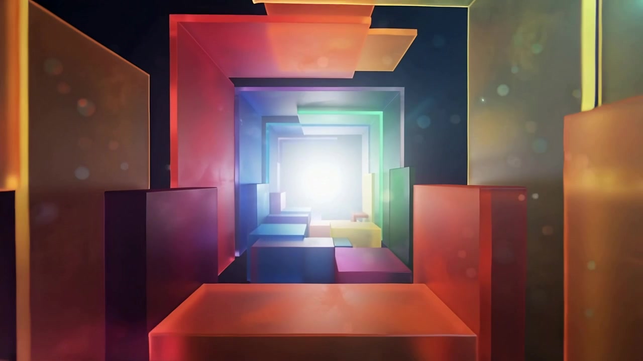 Telecamera che scivola attraverso un tunnel di vetro colorato verso una luce bianca brillante, rivelando pannelli.