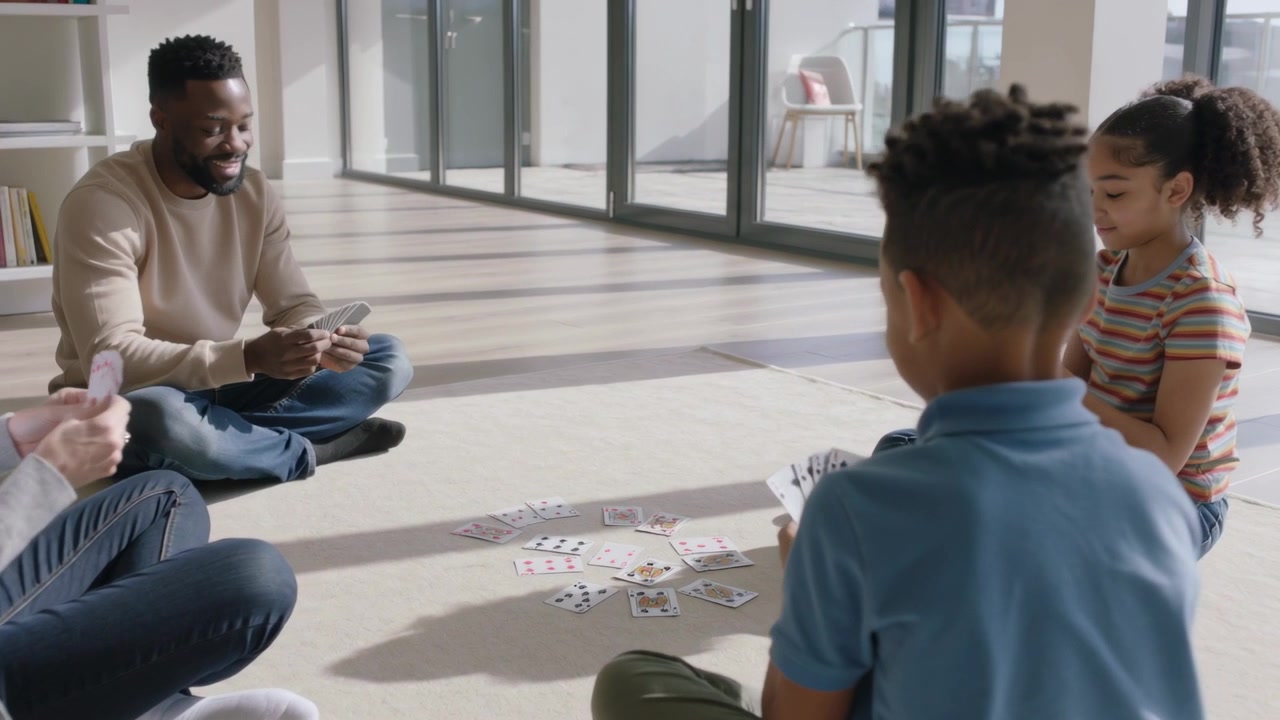 Reaching forward, father in sweater placing cards face-up on rug at home, family comparing hands