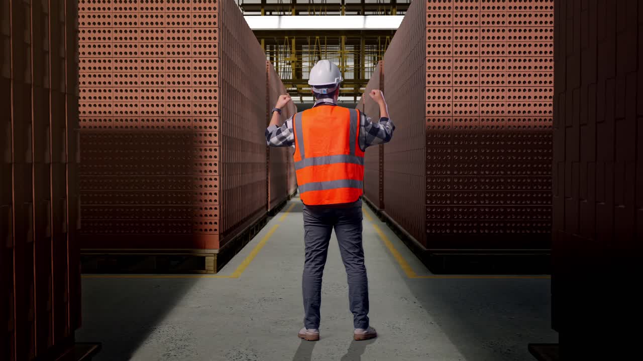 Full Body Back View Of A Male Engineer With Safety Helmet Raising His Hands Celebrating While Working With Red Brick Packed in Stacks Are Stored