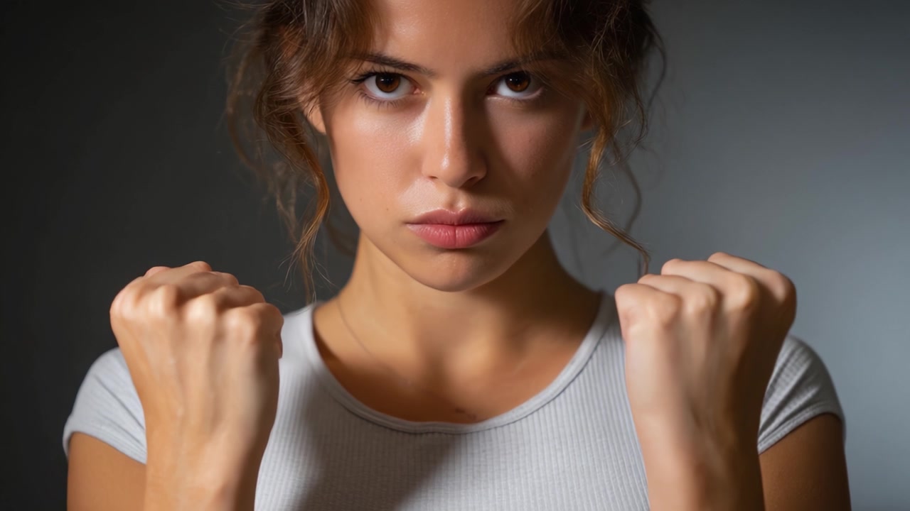 Giovane donna determinata con i pugni chiusi che irradia forza e fiducia contro uno sfondo neutro, evidenziando la resilienza interiore e il potere in situazioni difficili.