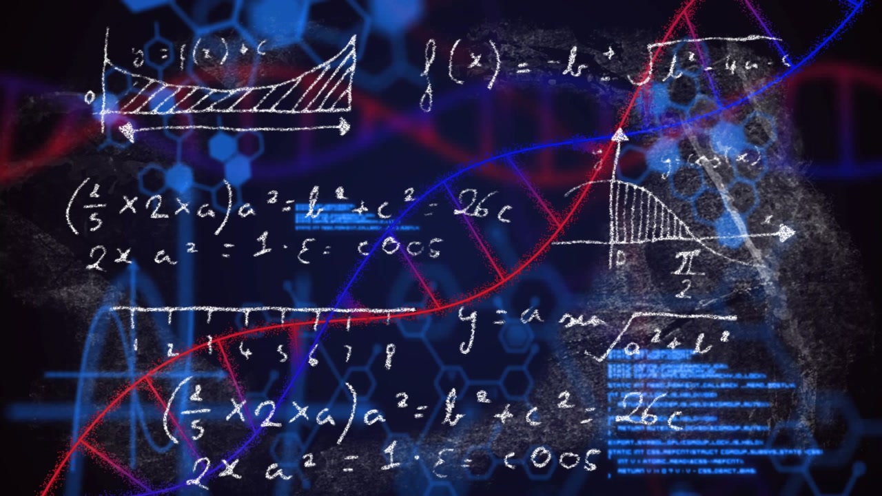 Vertical video: Frames driving data art revealing red helix, blue waveform, white math on dark map