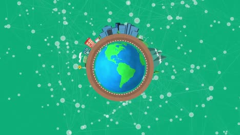 animation of network of connections with globe on green background