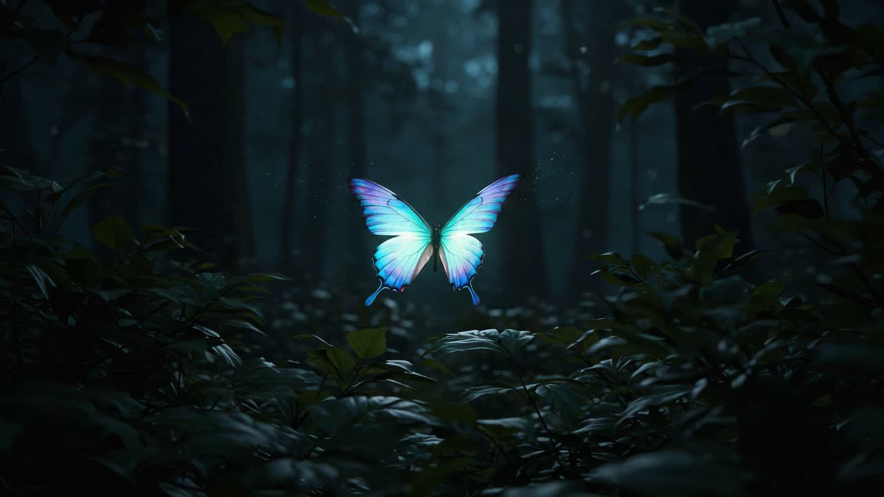 Una splendida farfalla eterea aleggia leggiadra in una foresta mistica, irradiando vivaci colori blu e bianco tra il fogliame verde scuro e le ombre degli alberi ad alto fusto.