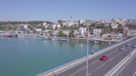 4k aerial opening shot showing branko bridge and kosancicev venac in belgrade