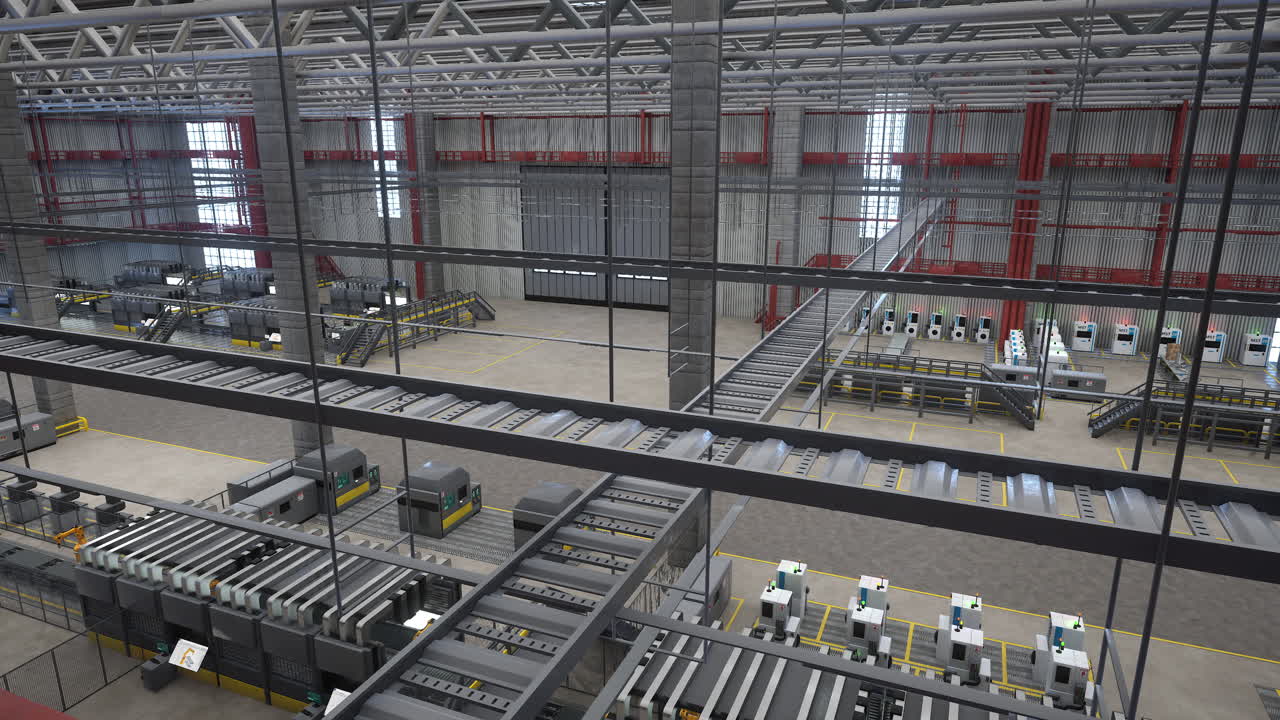 CNC machinery and assembly lines in industrial plant, 3D animation panning shot