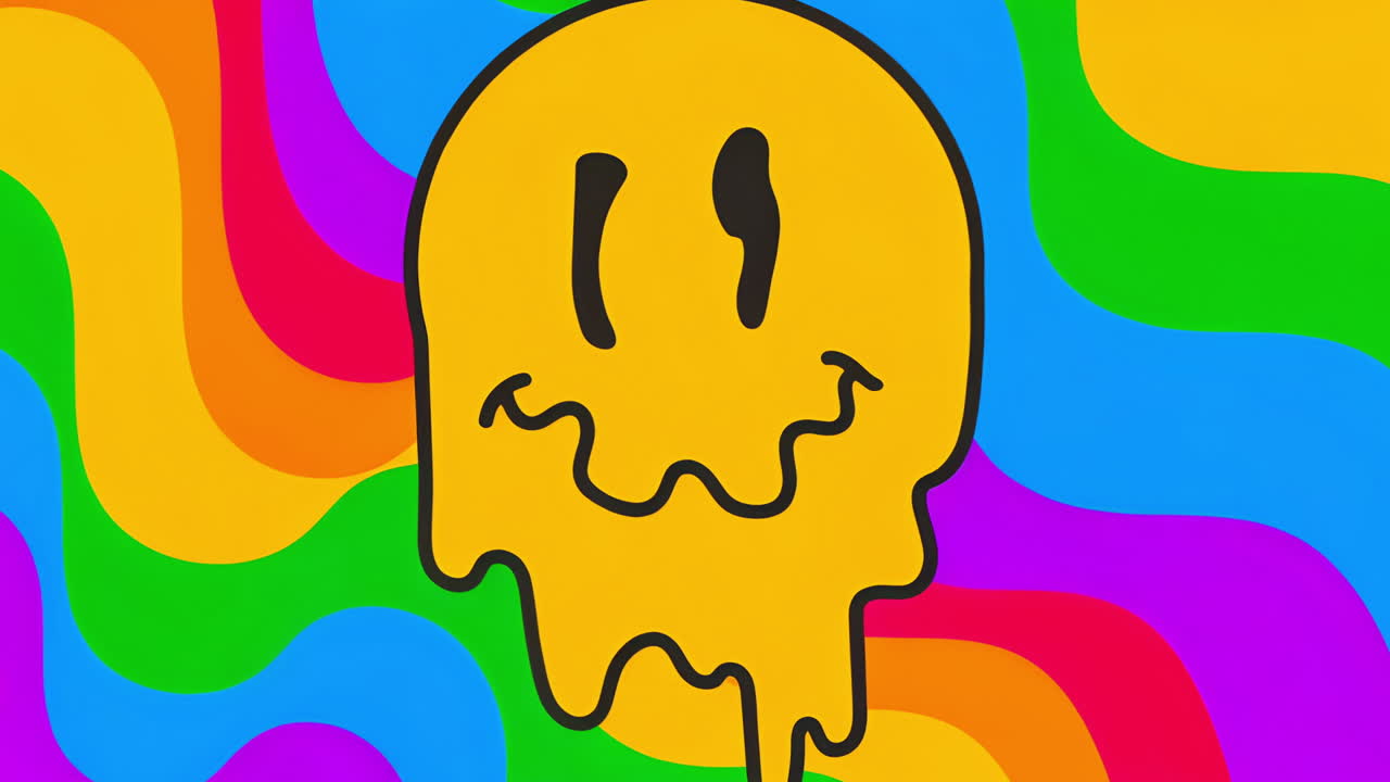 Melting Yellow Smiley Face on Psychedelic Rainbow Background
