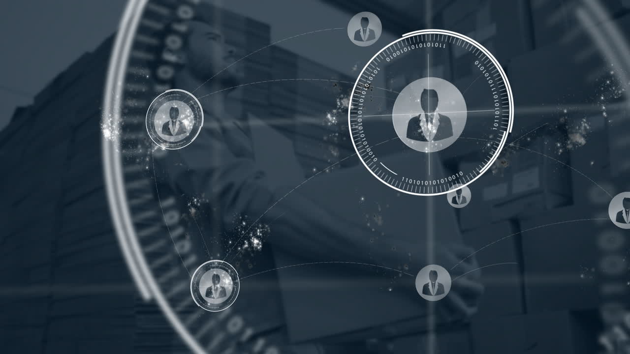 In warehouse, business professional processing data with network connections animation