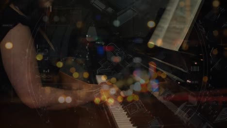 Animation-of-blurred-road-traffic-over-caucasian-woman-playing-piano