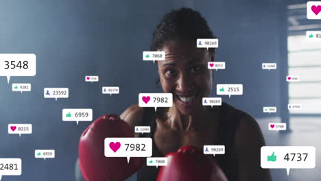 animation of notification bars over diverse female boxer looking at screen and practicing punches