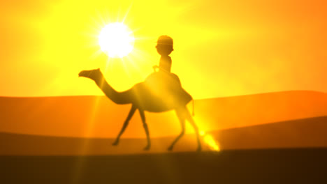 summer travel in hot africa. the warm, sunny day in the desert. tourist with a backpack is enjoying a journey on sandy dunes of egyptian sahara with palms and old, famous pyramids on the horizon.