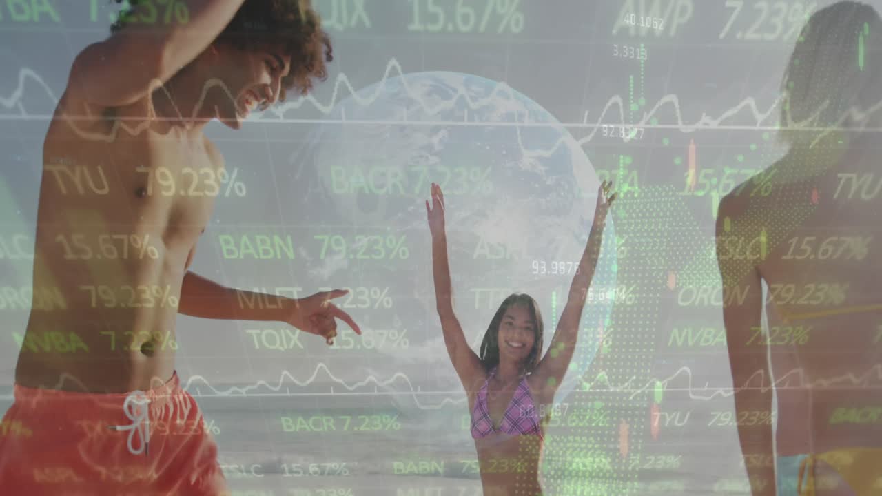 animación del procesamiento de datos financieros y globo sobre amigos en la playa.