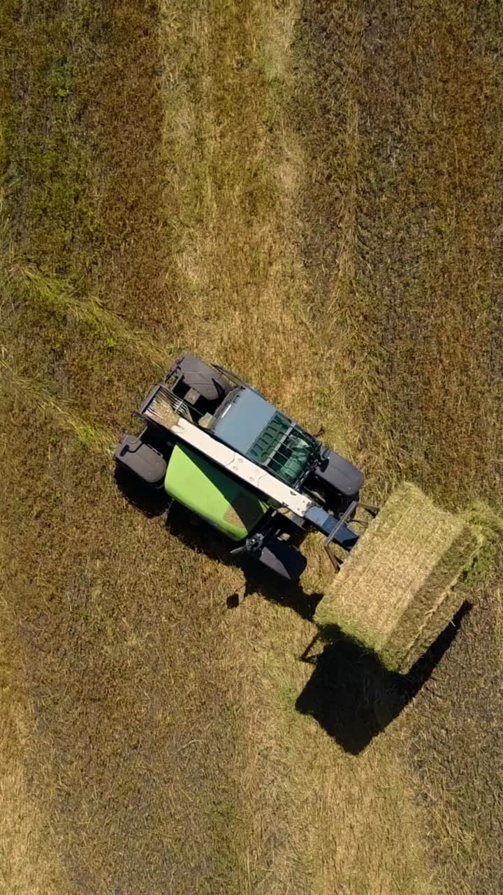 Special Machine Collect The Straw. Modern tractor makes big straw roll on yellow field at summer day Vertical video