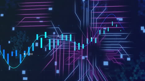 Animation-of-financial-data-processing-over-circuit-board-background