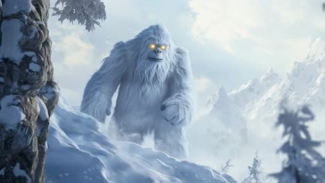 mythical yeti with luminous eyes traversing snow covered mountain terrain, embodying wilderness mystery with powerful, majestic presence in pristine winter landscape