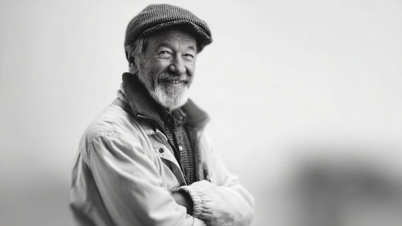 Un affascinante signore anziano con un sorriso caloroso e un berretto classico, che emana saggezza ed esperienza, immortalato in un sereno ritratto in bianco e nero.