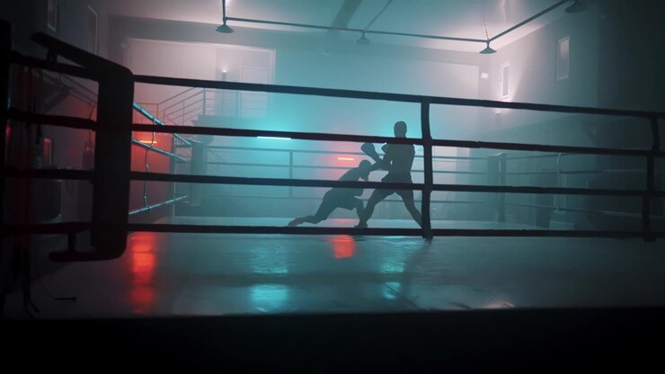 Siluetas de boxeadores haciendo sparring en un ring con humo y luces de neón