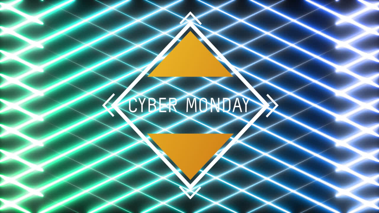 Animation of cyber monday text in diamond shape frame over glowing green to blue mesh