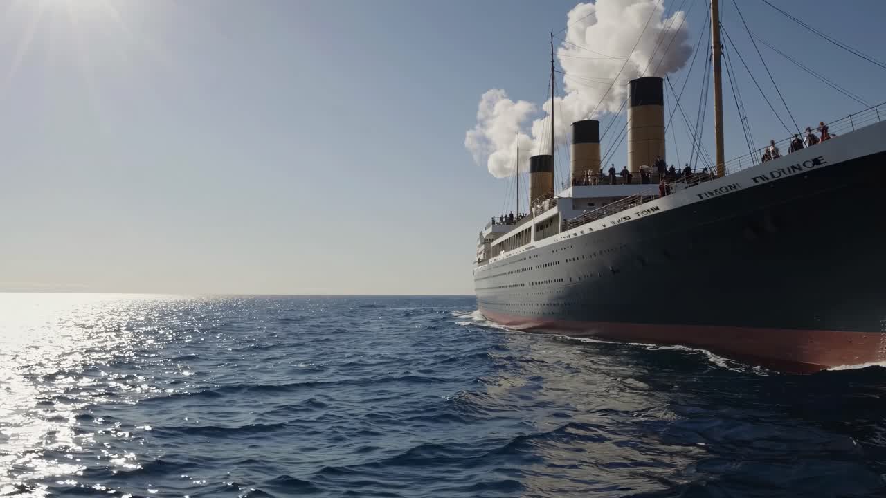 A cinematic video still of a large ship sailing on calm waters, captured from a low angle