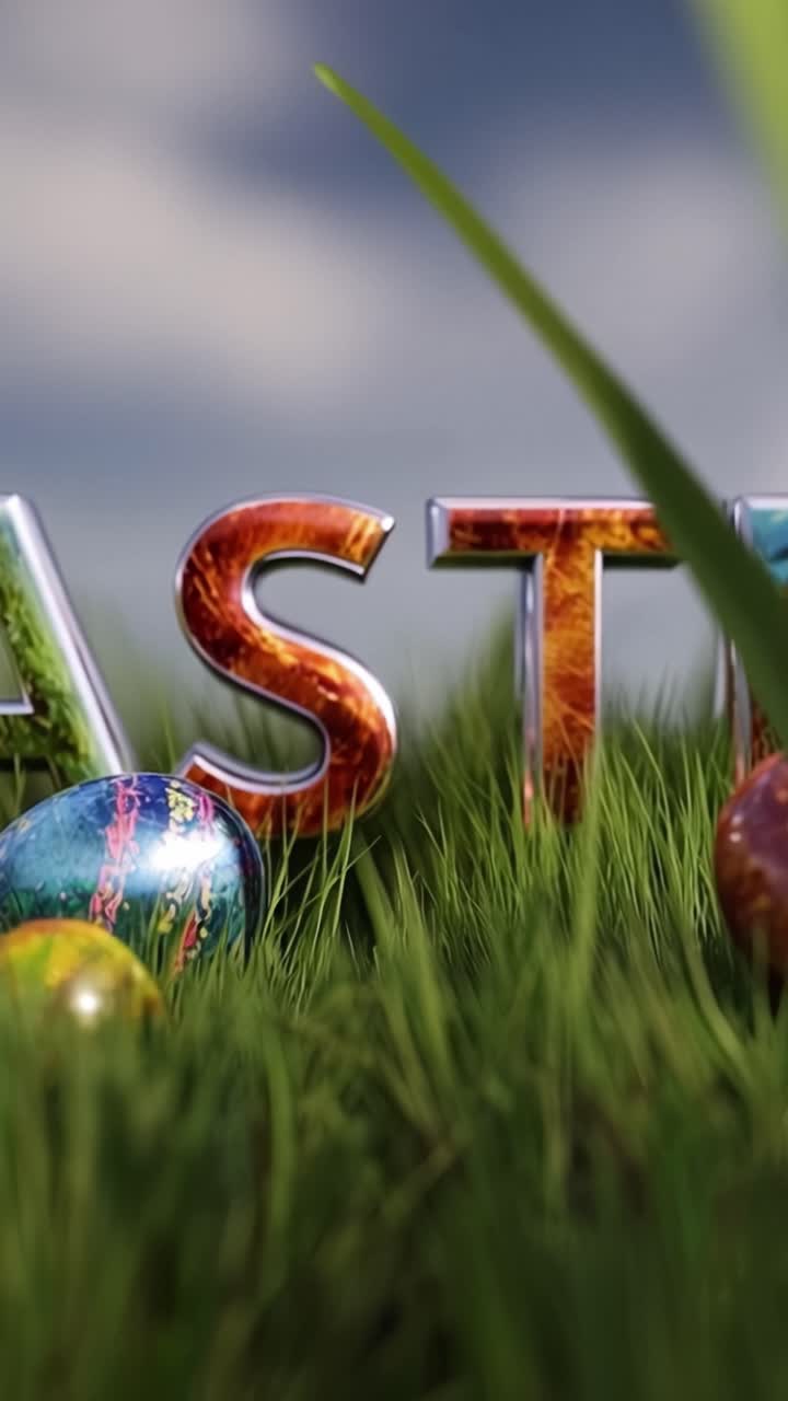 Easter Celebration: A Close-Up of Colorful Eggs and Reflective Letters in Lush Green Grass, Creating a Vibrant Spring Atmosphere and Joyful Holiday Spirit