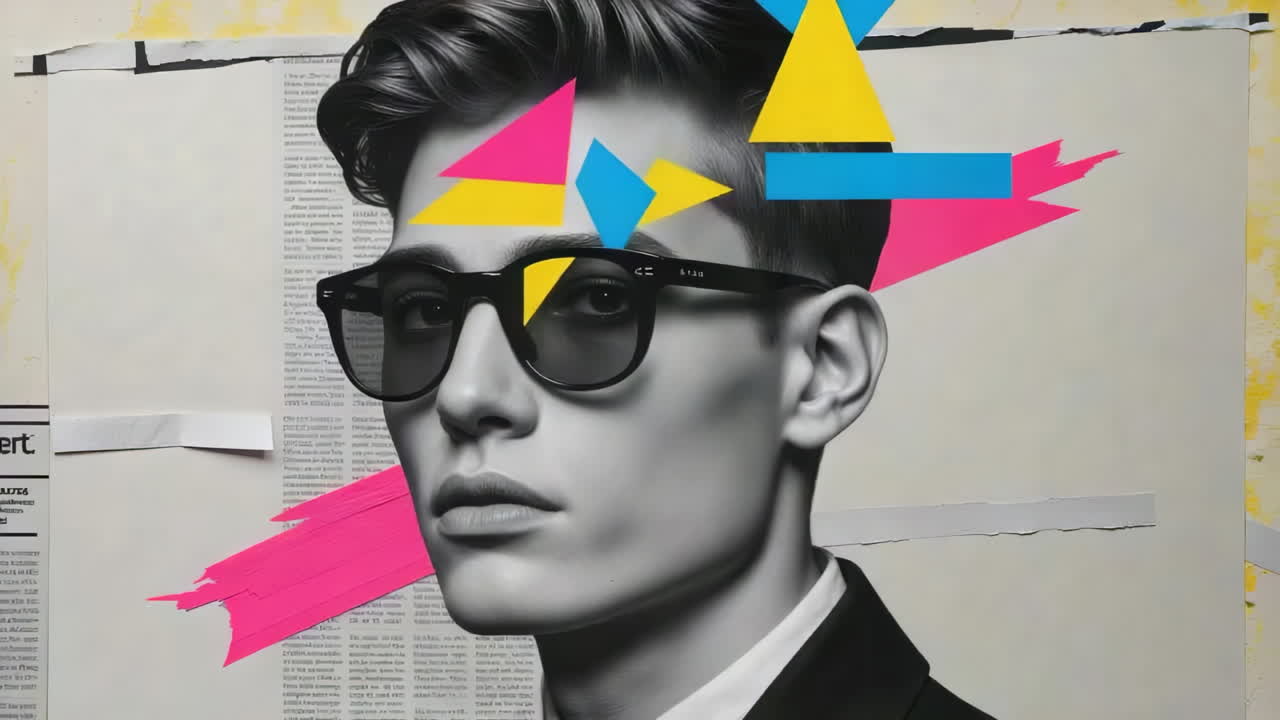 Grayscale Portrait with Bold Geometric Overlays and Newspaper Background