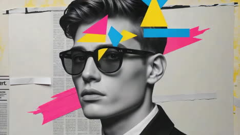 grayscale portrait with bold geometric overlays and newspaper background