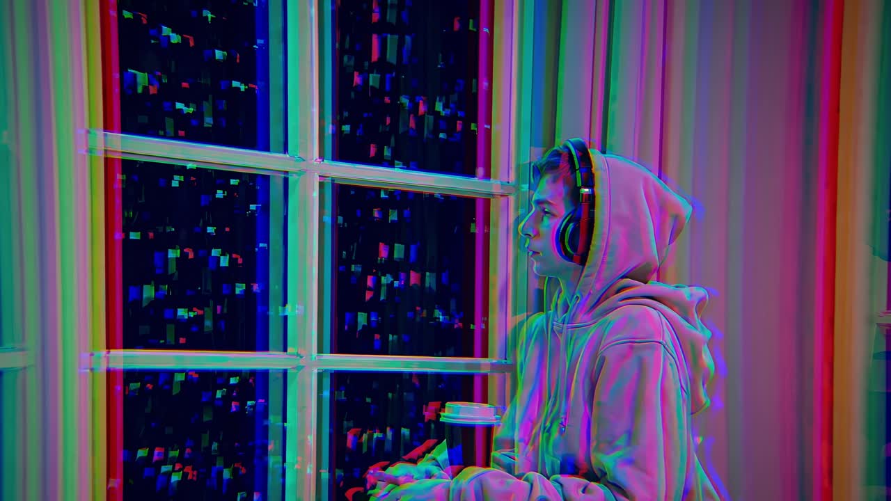 Young man wearing headphones and a hoodie is sitting by a window at night enjoying a coffee while listening to music, with a colorful glitch effect adding a touch of modernity