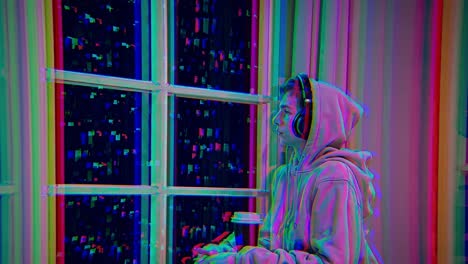 young man wearing headphones and a hoodie is sitting by a window at night enjoying a coffee while listening to music, with a colorful glitch effect adding a touch of modernity