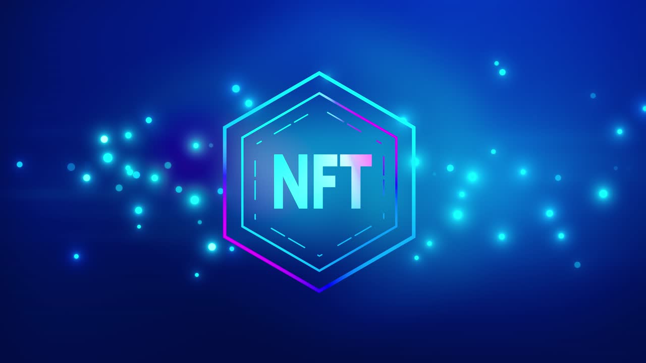 NFT ikke-fungibelt token animation med blå glødende lys på mørkeblå baggrund. NFT digital baggrund kryptovaluta.