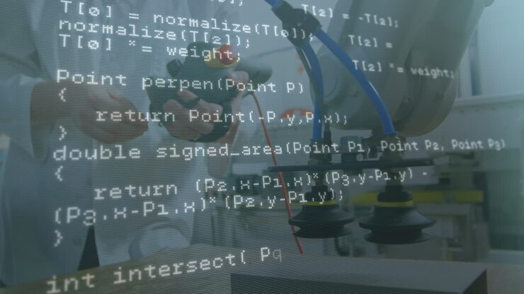 Animation of data processing over caucasian male scientists