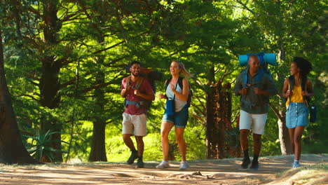 grupo de amigos con mochilas en vacaciones corriendo en caminata a través de la campiña del bosque juntos