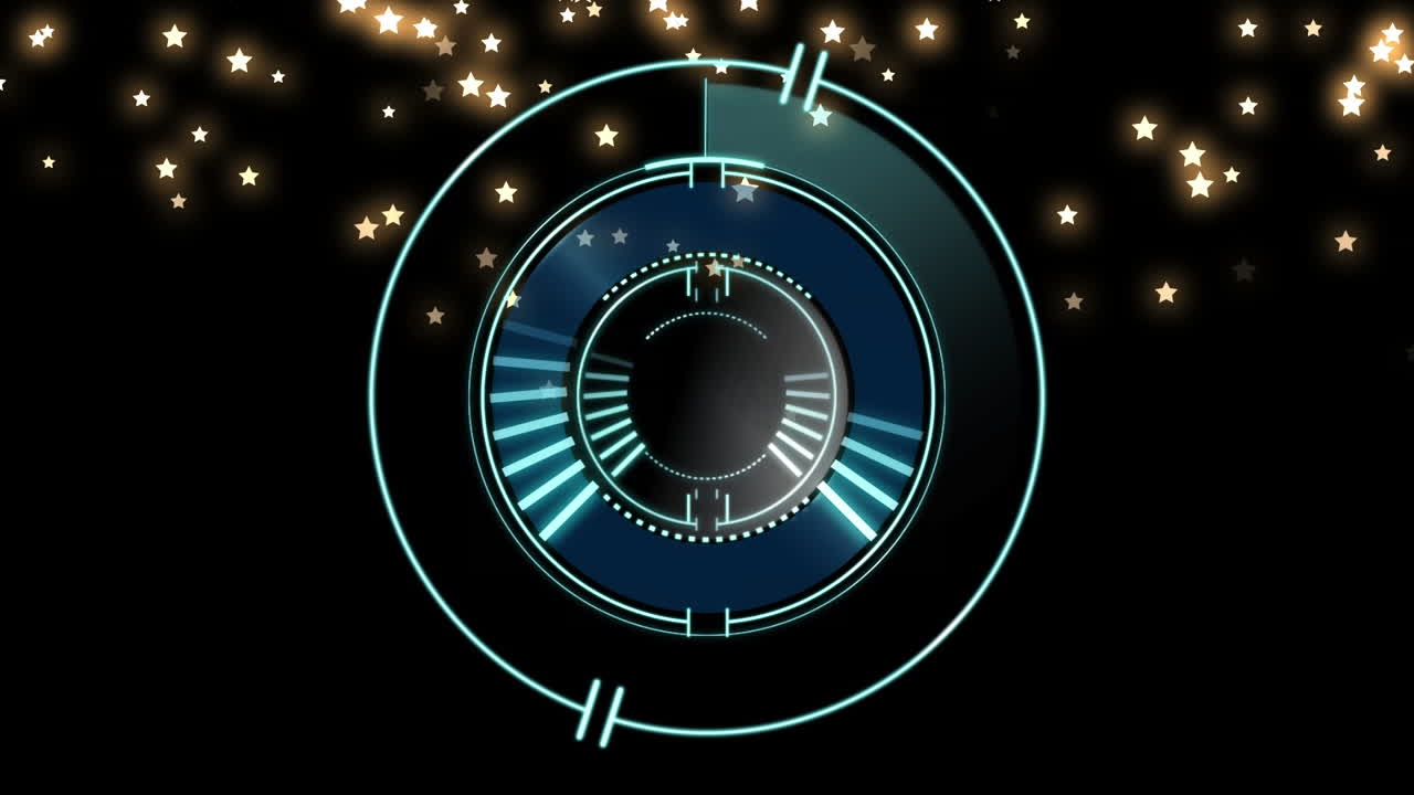 검은 바탕 위의 스캔 범위와 떨어지는 별의 애니메이션