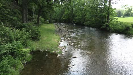 Small-Serene-Mountain-Creek-in-Woods,-Aerial-Drone