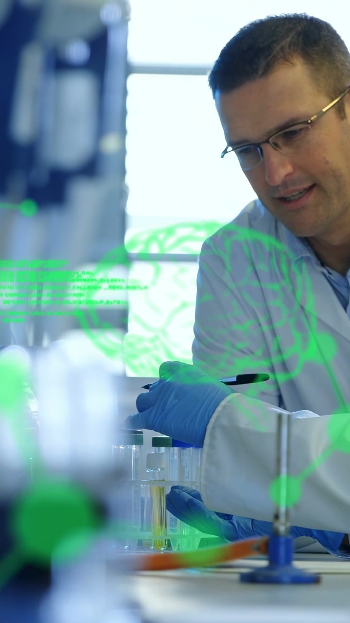 Vertical video: Lab tech leaning over rack pipetting yellow sample, peeking green overlay for test
