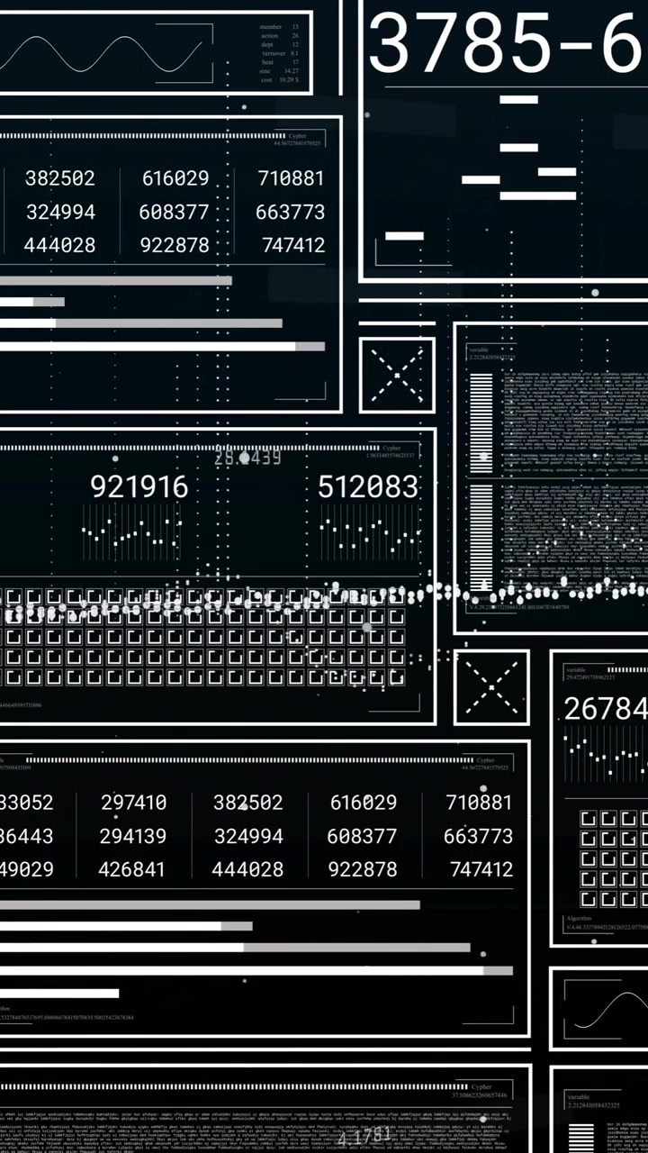 Animation of digital data processing over dark background