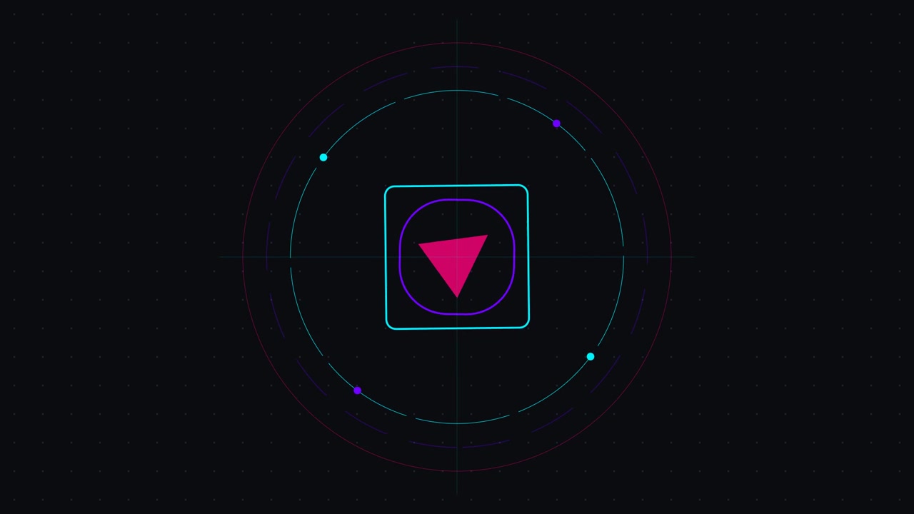 Grafica animata astratta di un triangolo rotante ed elementi HUD circolari
